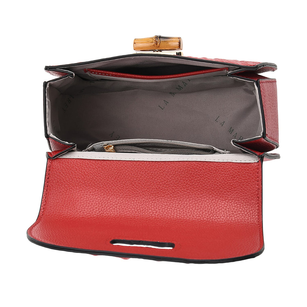 La Marey Snakeskin Embossed Genuine Leather Mini  Satchel Bag with Bamboo Handle - Red V32382963 6
