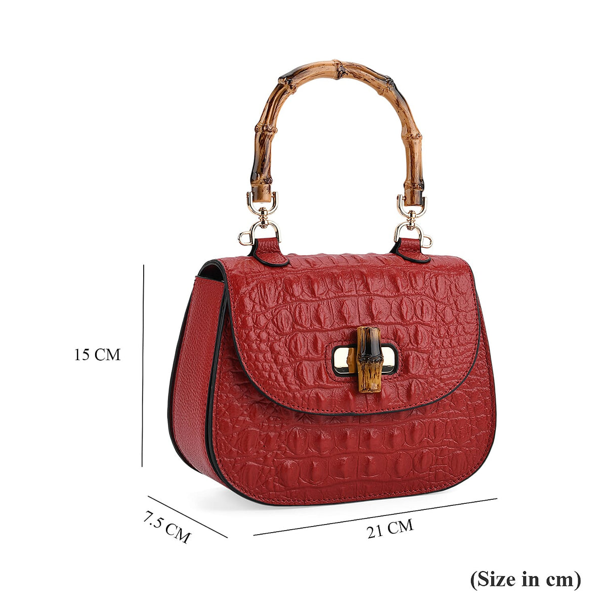 La Marey Snakeskin Embossed Genuine Leather Mini  Satchel Bag with Bamboo Handle - Red V32382963 7
