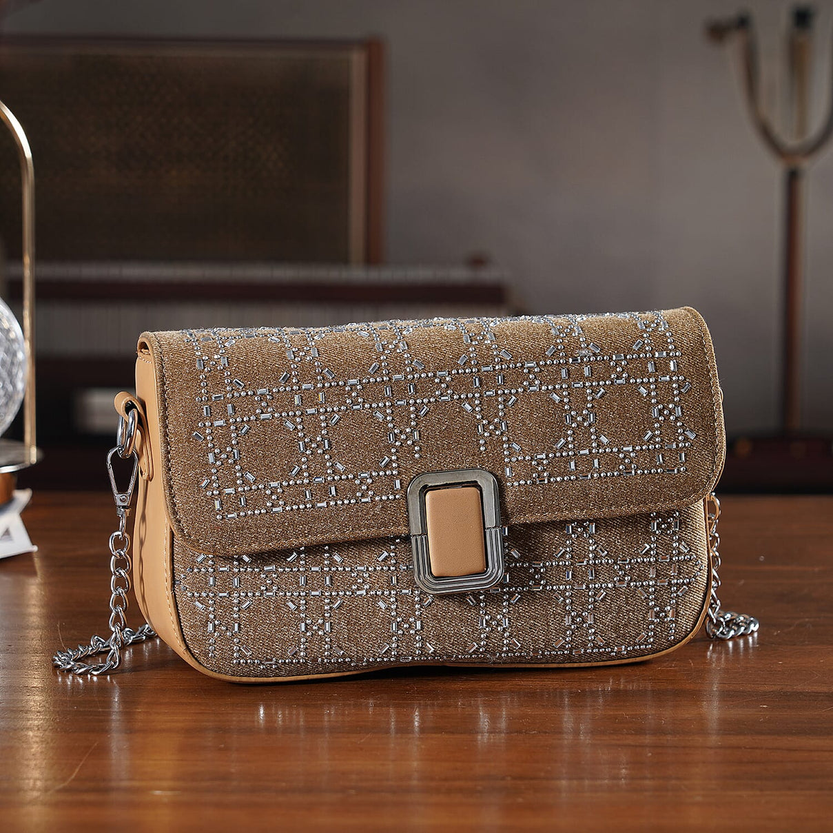 LA MAREY Designer Sling Handbag with Elegant Silver-Tone Chain Strap - Khaki 8447200 2