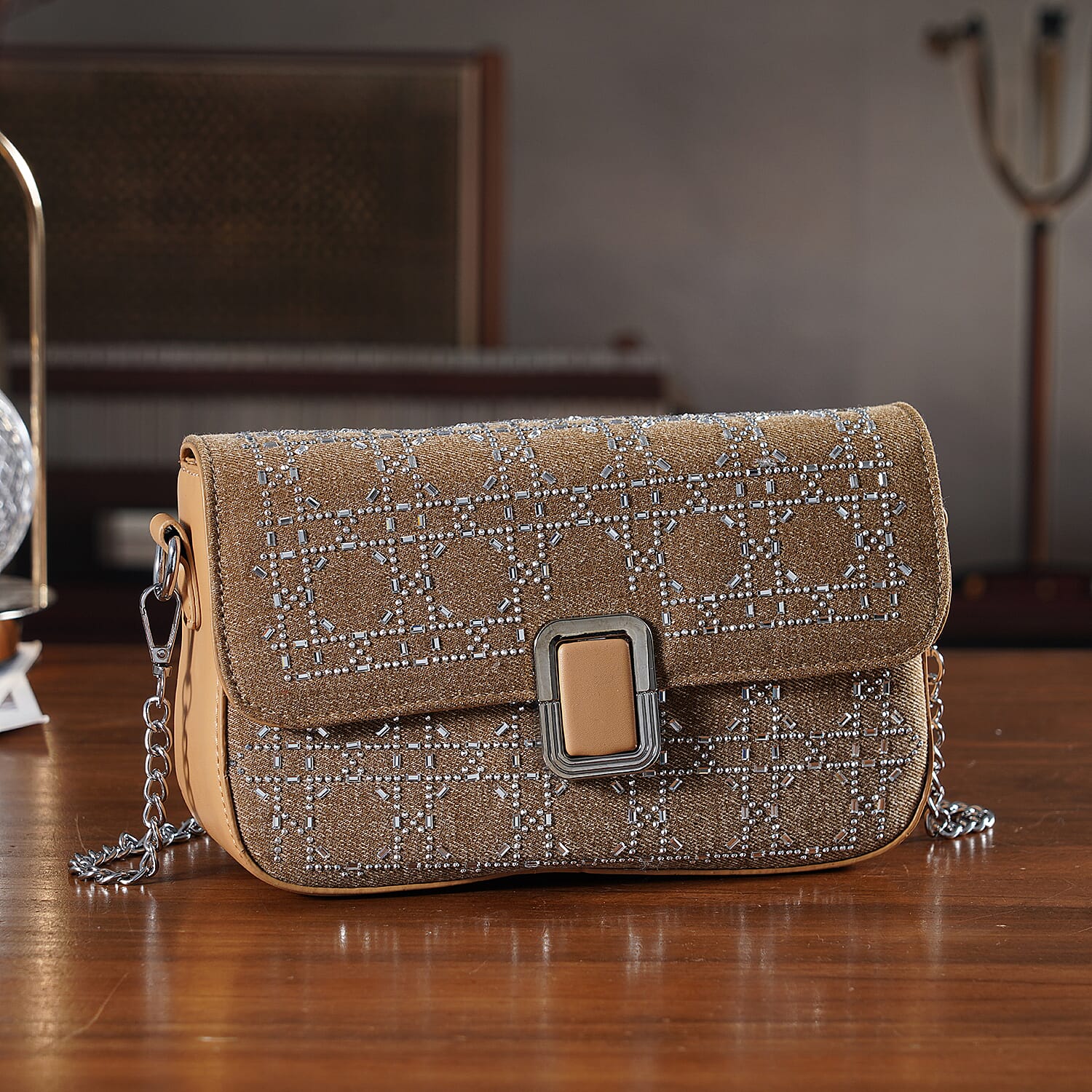 LA MAREY Designer Sling Handbag with Elegant Silver-Tone Chain Strap - Khaki 8447200 2