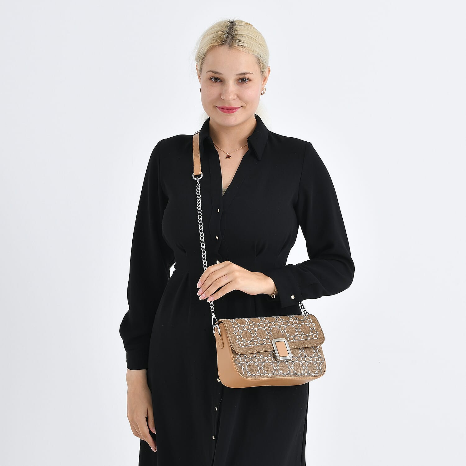 LA MAREY Designer Sling Handbag with Elegant Silver-Tone Chain Strap - Khaki 8447200 3