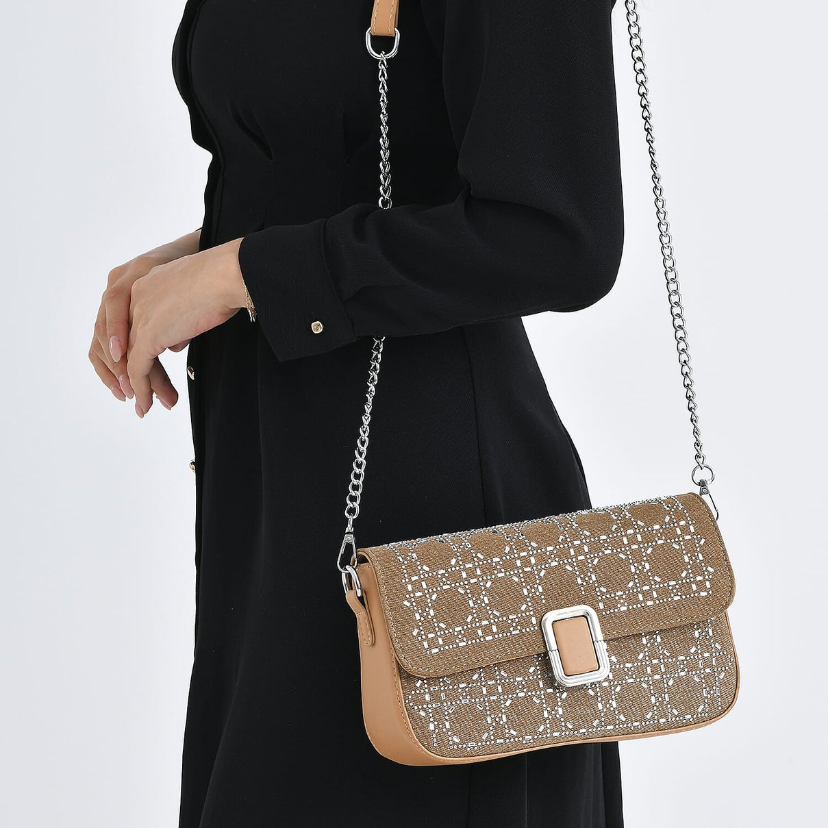 LA MAREY Designer Sling Handbag with Elegant Silver-Tone Chain Strap - Khaki 8447200 4