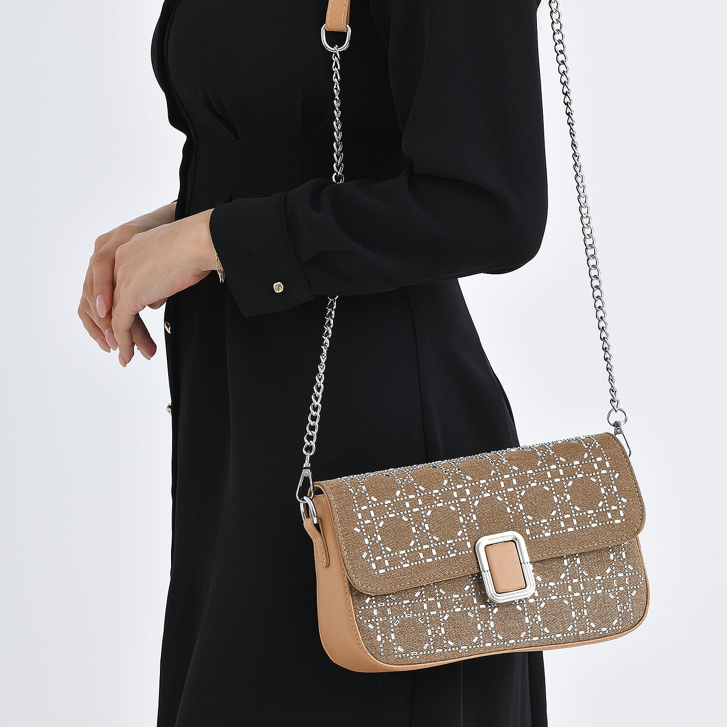 LA MAREY Designer Sling Handbag with Elegant Silver-Tone Chain Strap - Khaki 8447200 4