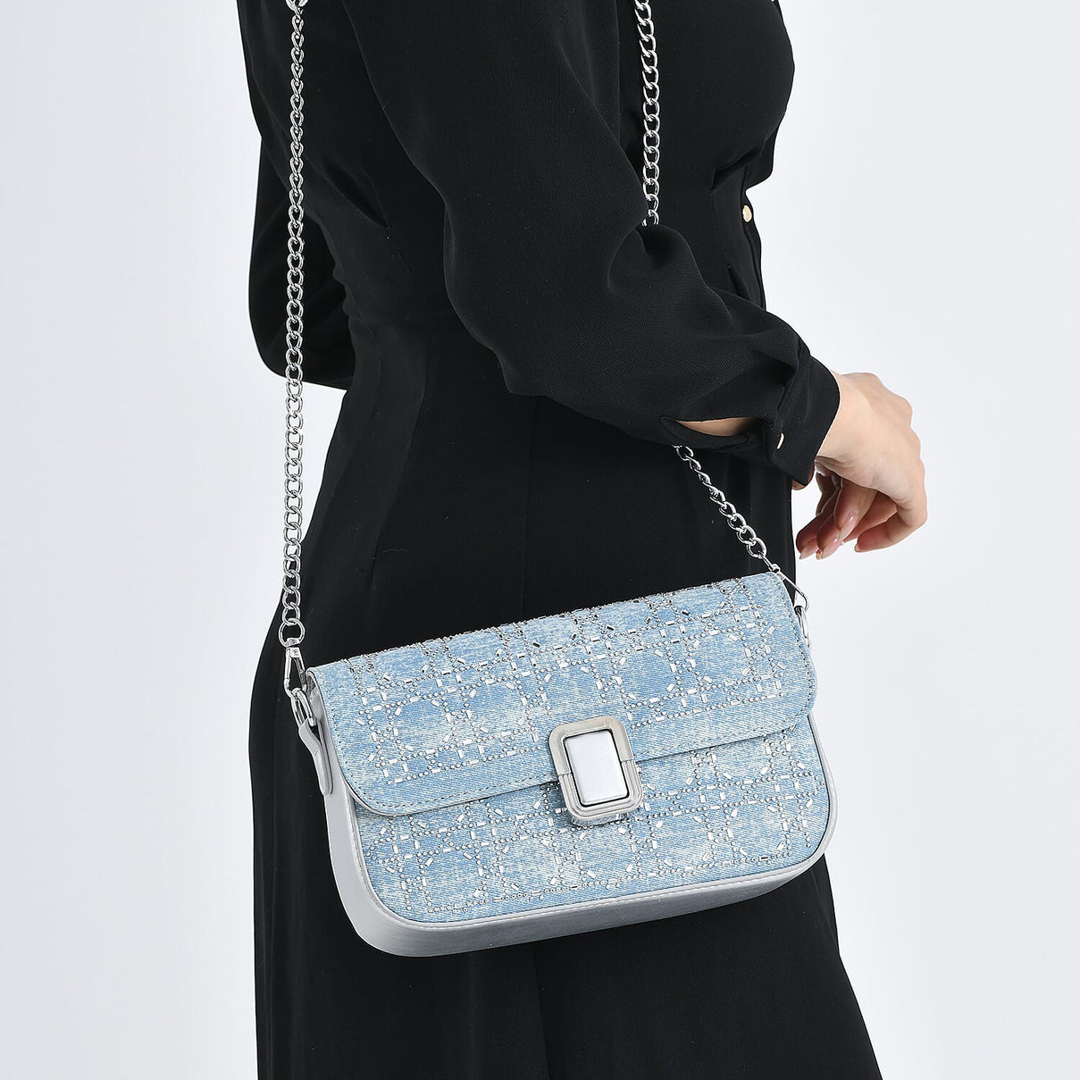 LA MAREY Designer Sling Handbag with Elegant Silver-Tone Chain Strap - Light Blue V32523358 4