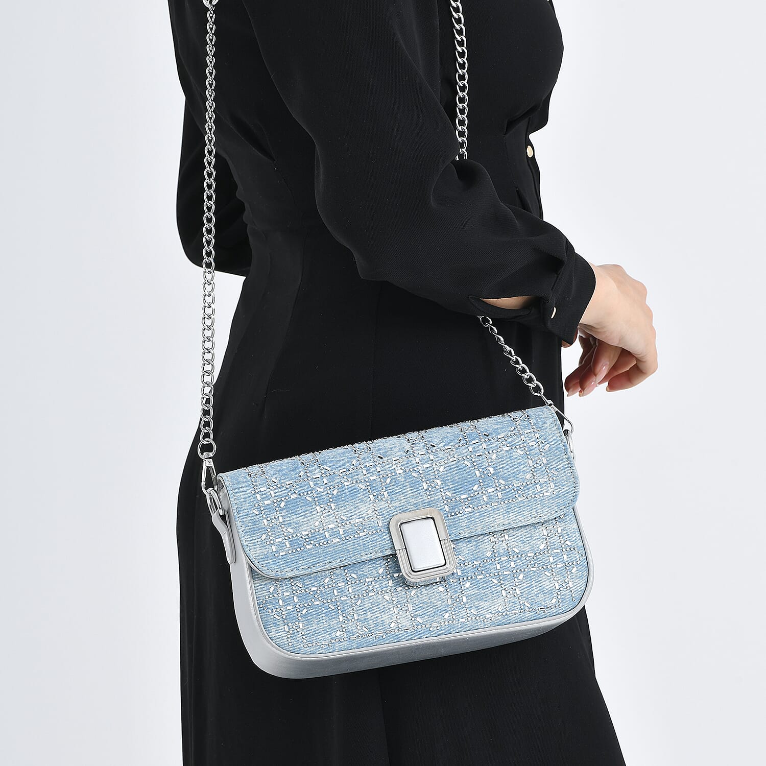 LA MAREY Designer Sling Handbag with Elegant Silver-Tone Chain Strap - Light Blue V32523358 4