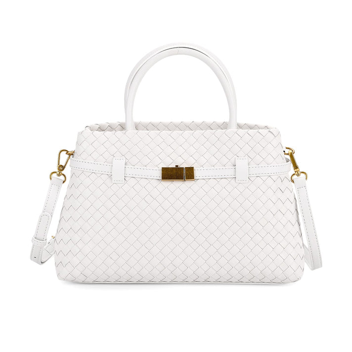 Designer Inspired La Marey Woven Pattern Genuine Leather Crossbody Bag with Top Handle - White 8163193 1