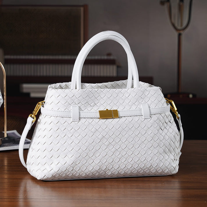 Designer Inspired La Marey Woven Pattern Genuine Leather Crossbody Bag with Top Handle - White 8163193 2