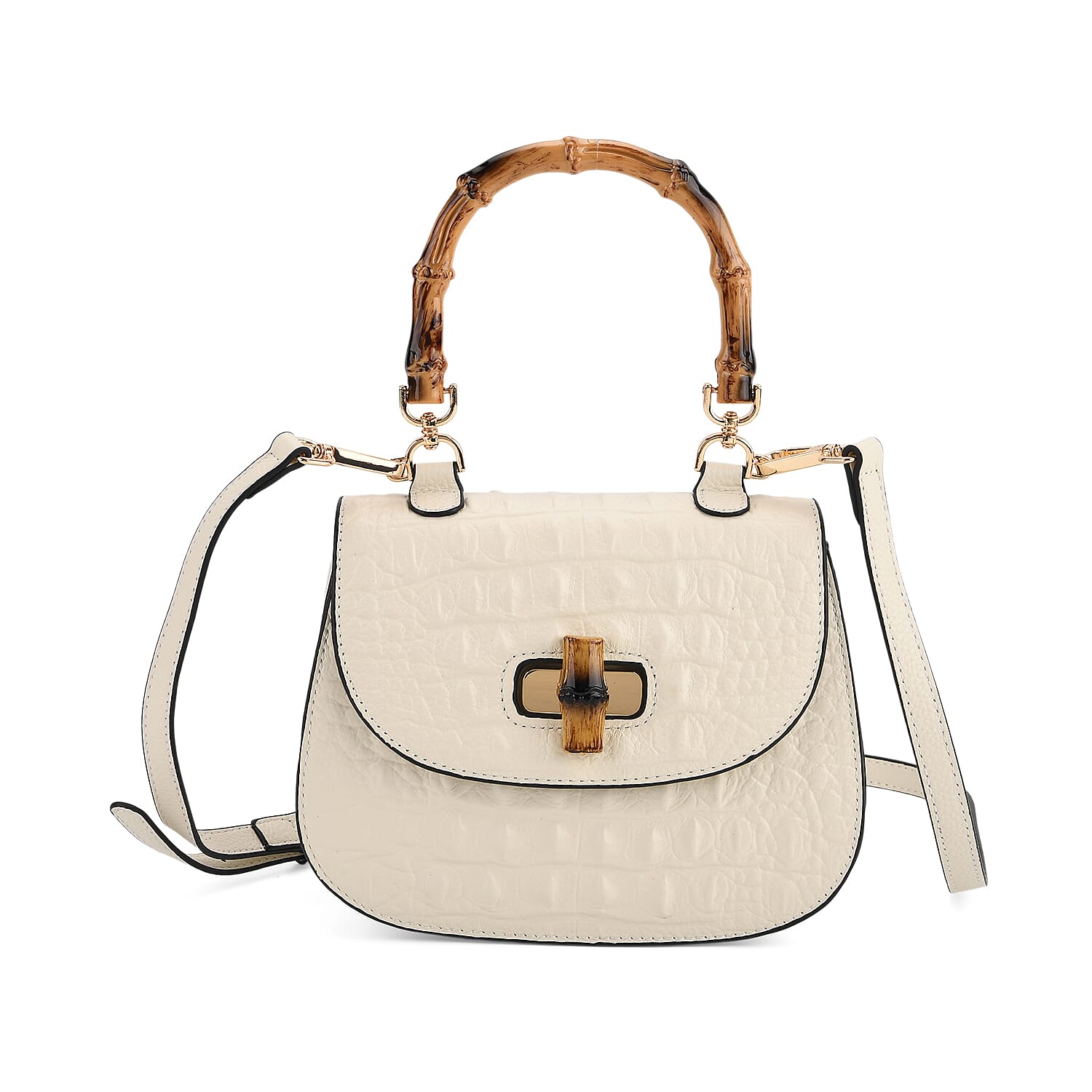 La Marey Snakeskin Embossed Genuine Leather Mini  Satchel Bag with Bamboo Handle - White 8201638 0