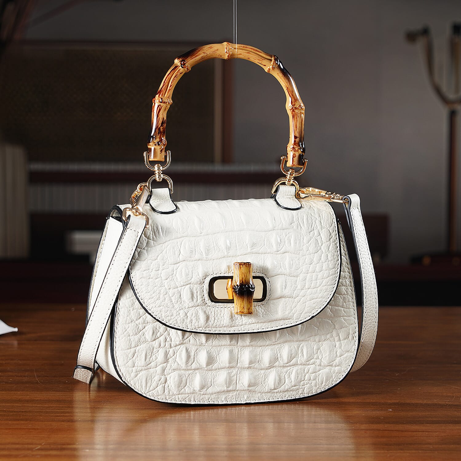 La Marey Snakeskin Embossed Genuine Leather Mini  Satchel Bag with Bamboo Handle - White 8201638 2