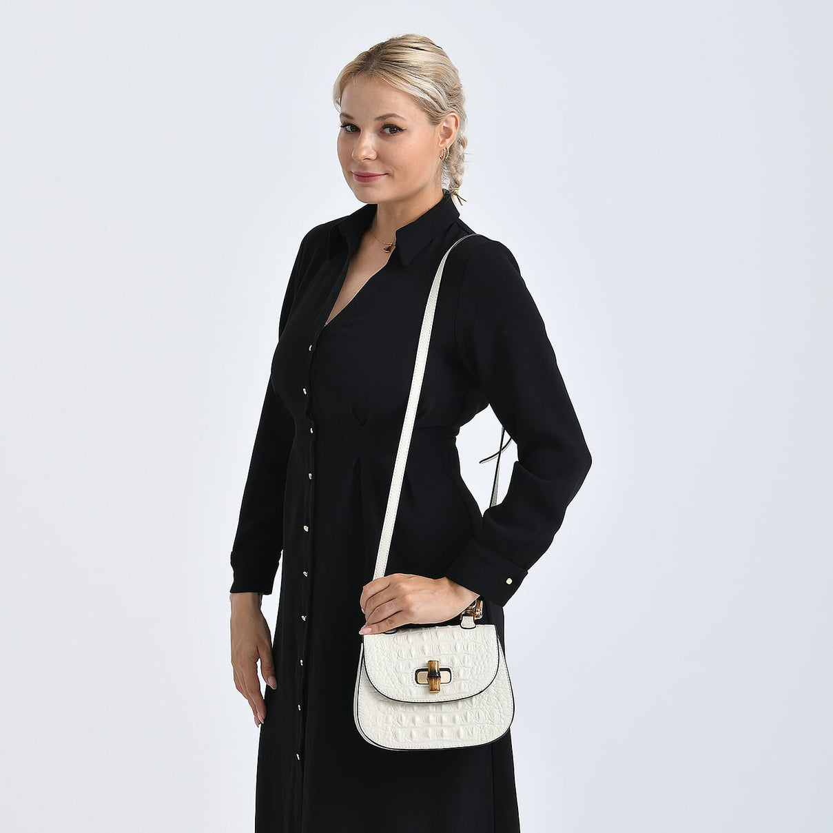 La Marey Snakeskin Embossed Genuine Leather Mini  Satchel Bag with Bamboo Handle - White 8201638 3