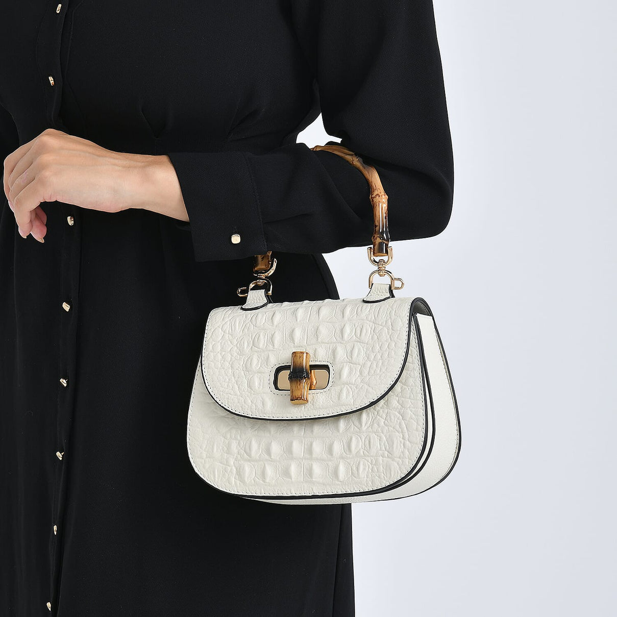 La Marey Snakeskin Embossed Genuine Leather Mini  Satchel Bag with Bamboo Handle - White 8201638 4