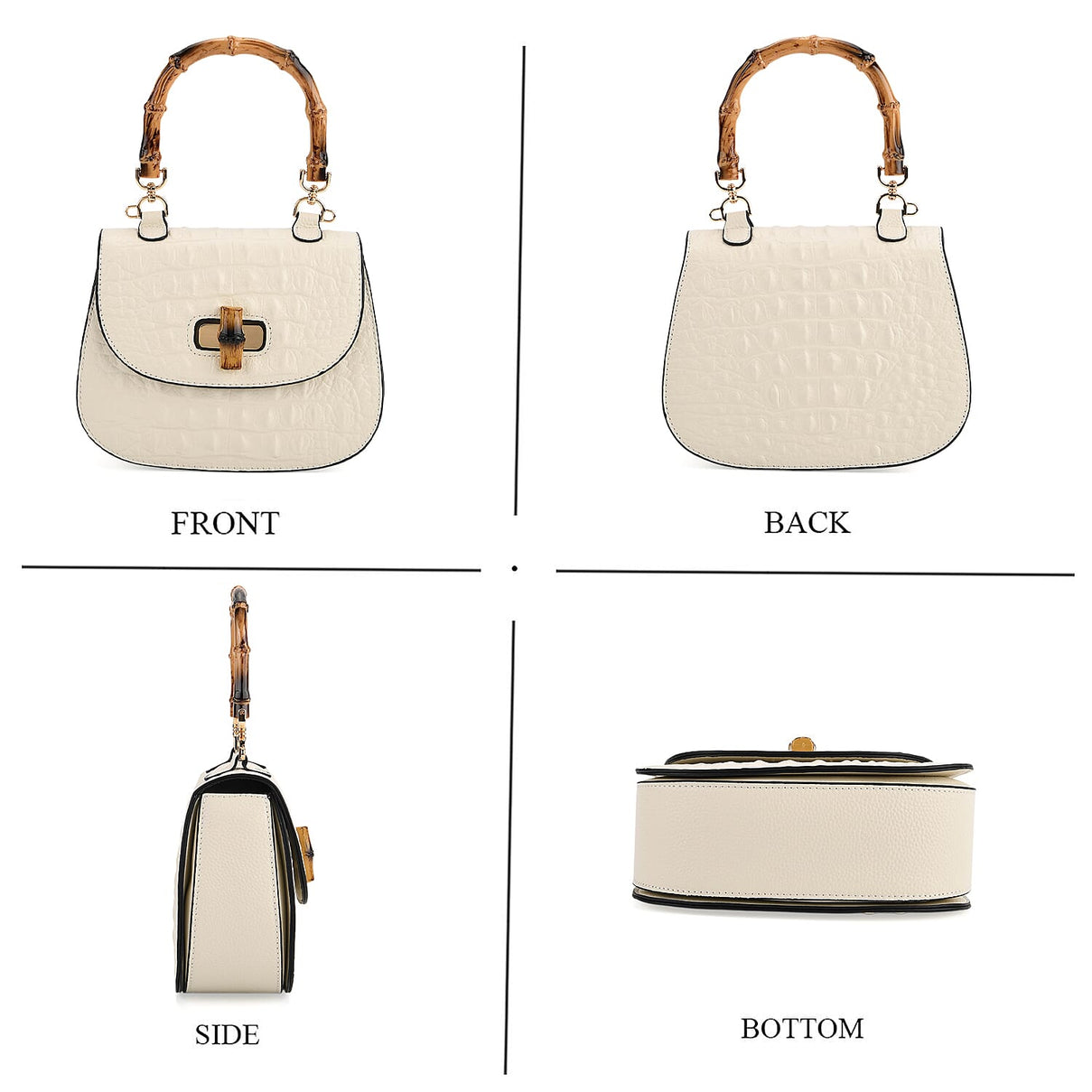 La Marey Snakeskin Embossed Genuine Leather Mini  Satchel Bag with Bamboo Handle - White 8201638 5