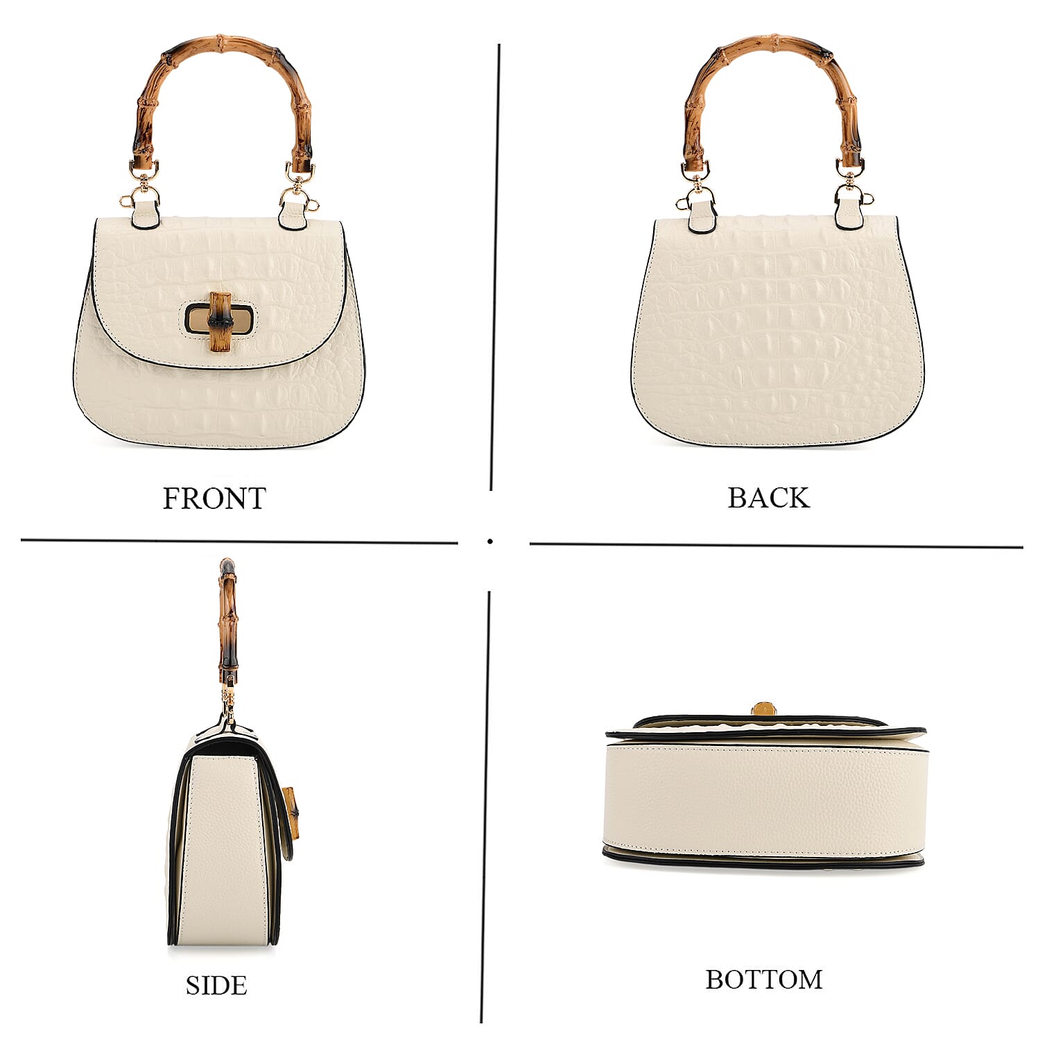 La Marey Snakeskin Embossed Genuine Leather Mini  Satchel Bag with Bamboo Handle - White 8201638 5