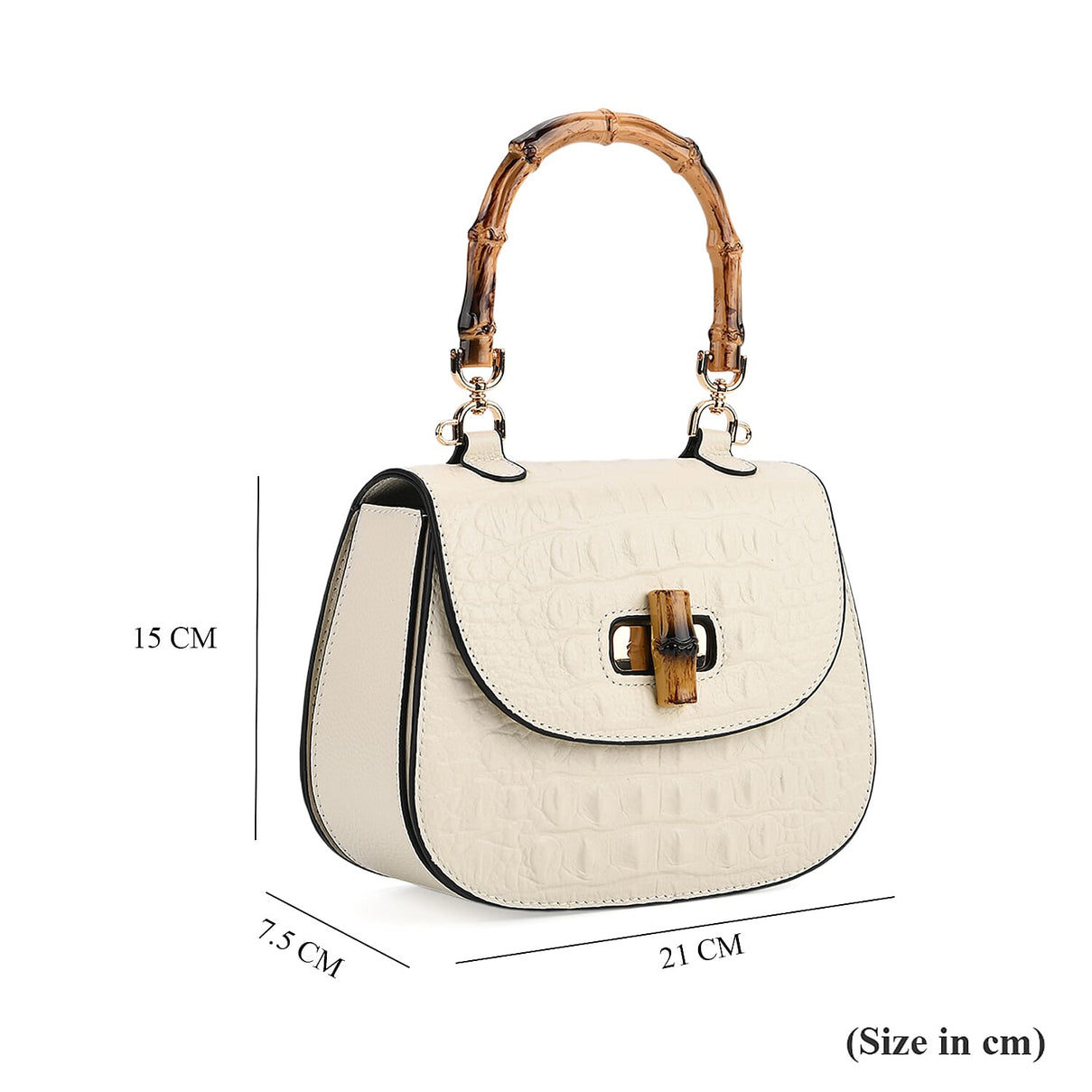 La Marey Snakeskin Embossed Genuine Leather Mini  Satchel Bag with Bamboo Handle - White 8201638 7