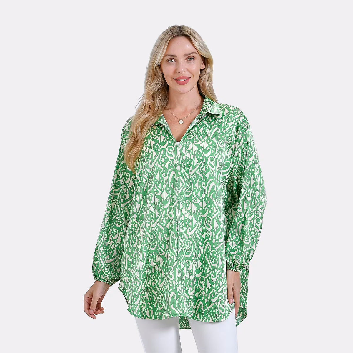 La Marey Elegant Long Sleeve V-Neck Shirt (Size - S/M) - Green V32520926 0