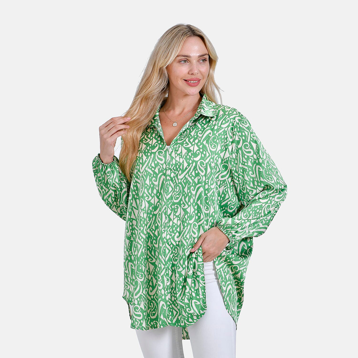 La Marey Elegant Long Sleeve V-Neck Shirt (Size - S/M) - Green V32520926 3