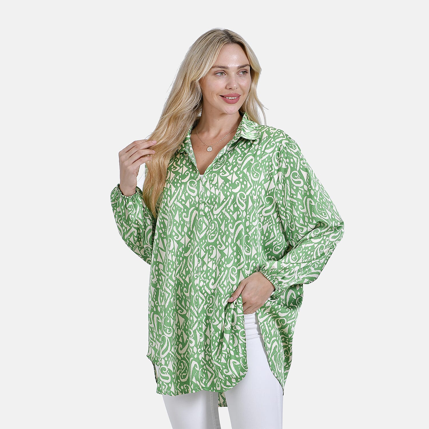 La Marey Elegant Long Sleeve V-Neck Shirt (Size - S/M) - Green V32520926 3