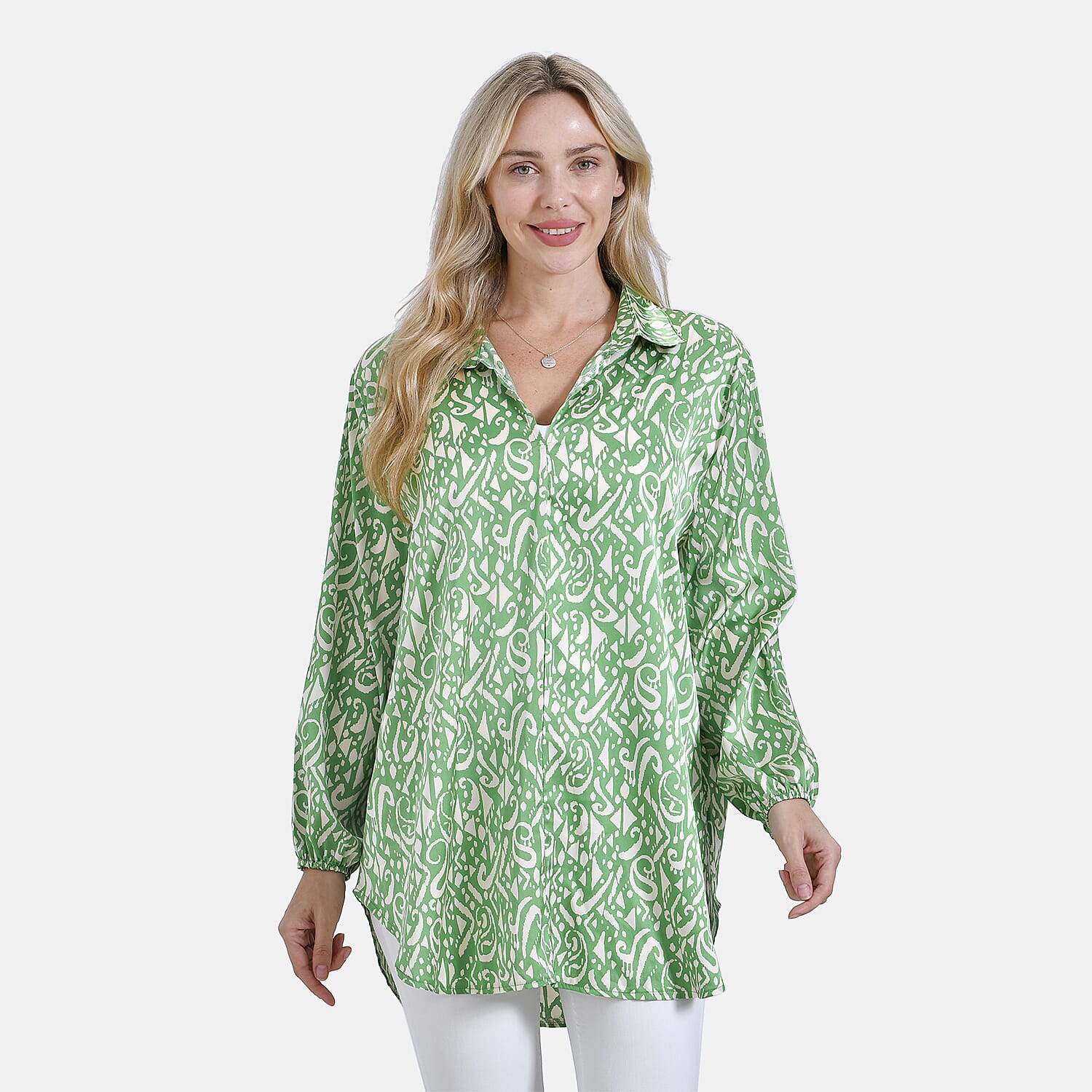 La Marey Elegant Long Sleeve V-Neck Shirt (Size - S/M) - Green V32520926 4