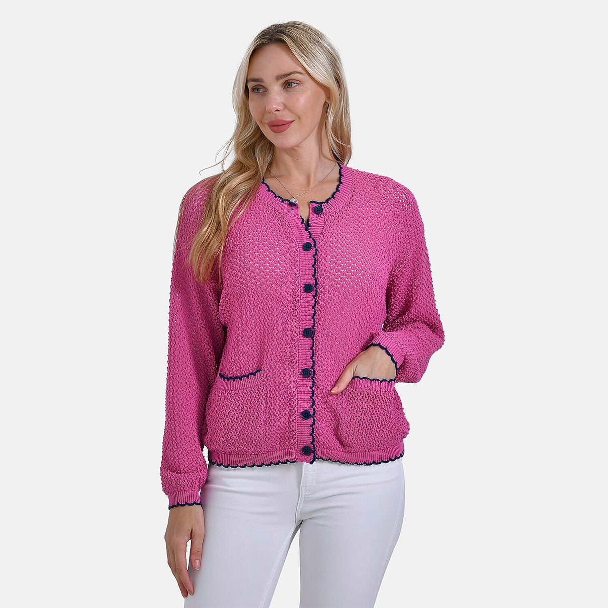 La Marey Elegant Knit Cardigan with Trim (Size M) - Orchid &amp; Navy 7924442 0