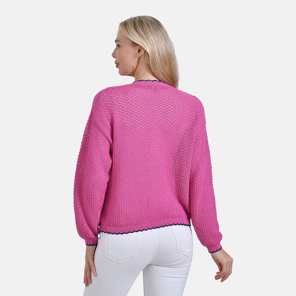 La Marey Elegant Knit Cardigan with Trim (Size M) - Orchid & Navy
