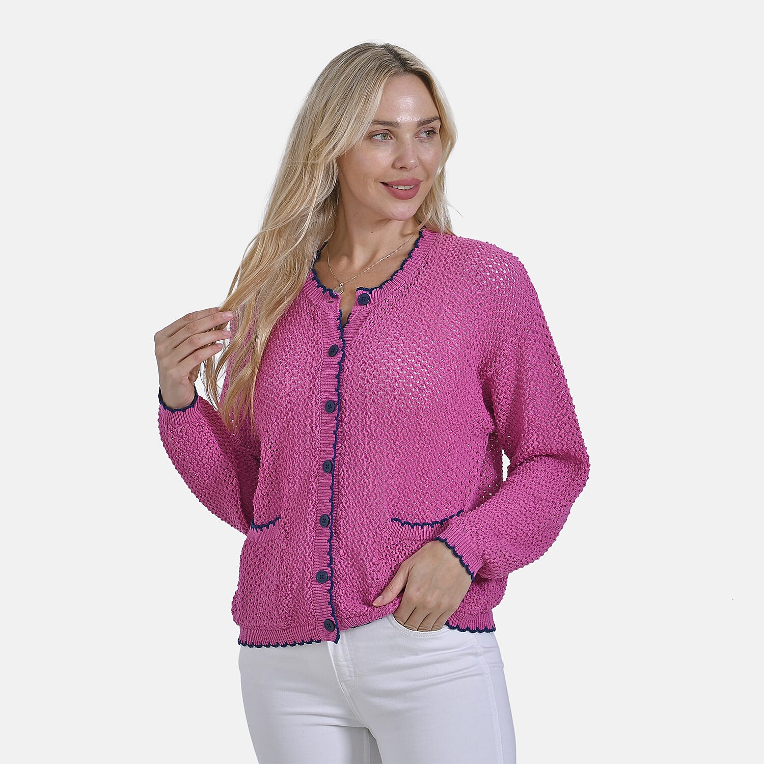 La Marey Elegant Knit Cardigan with Trim (Size M) - Orchid &amp; Navy 7924442 3