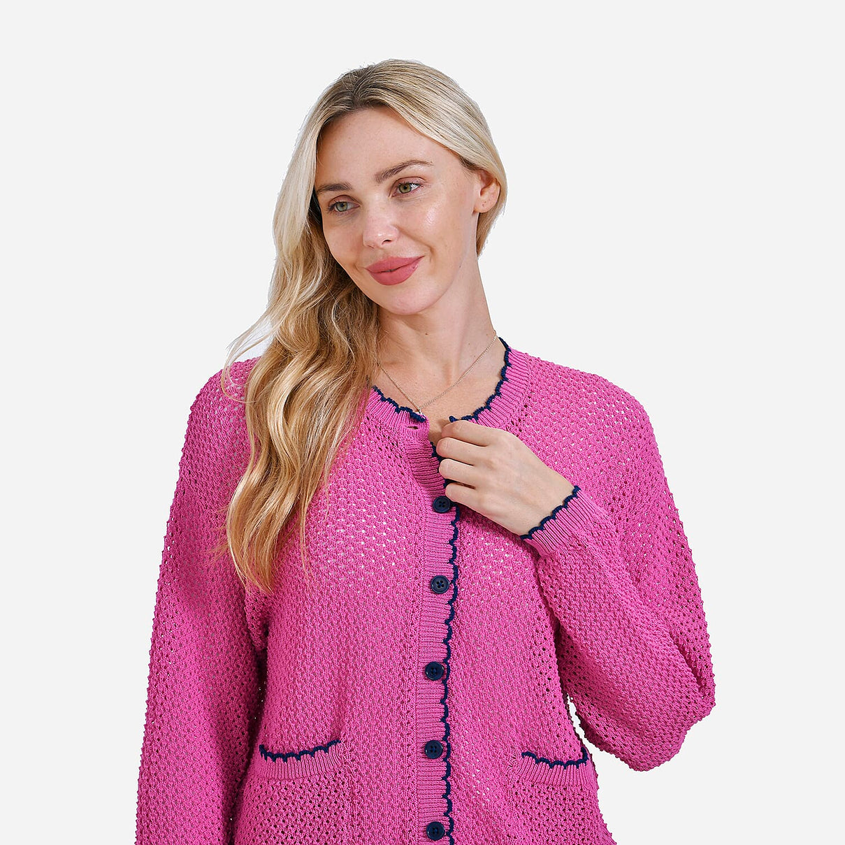 La Marey Elegant Knit Cardigan with Trim (Size M) - Orchid &amp; Navy 7924442 4