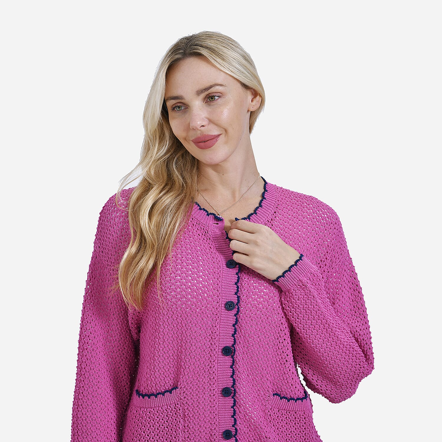 La Marey Elegant Knit Cardigan with Trim (Size M) - Orchid &amp; Navy 7924442 4