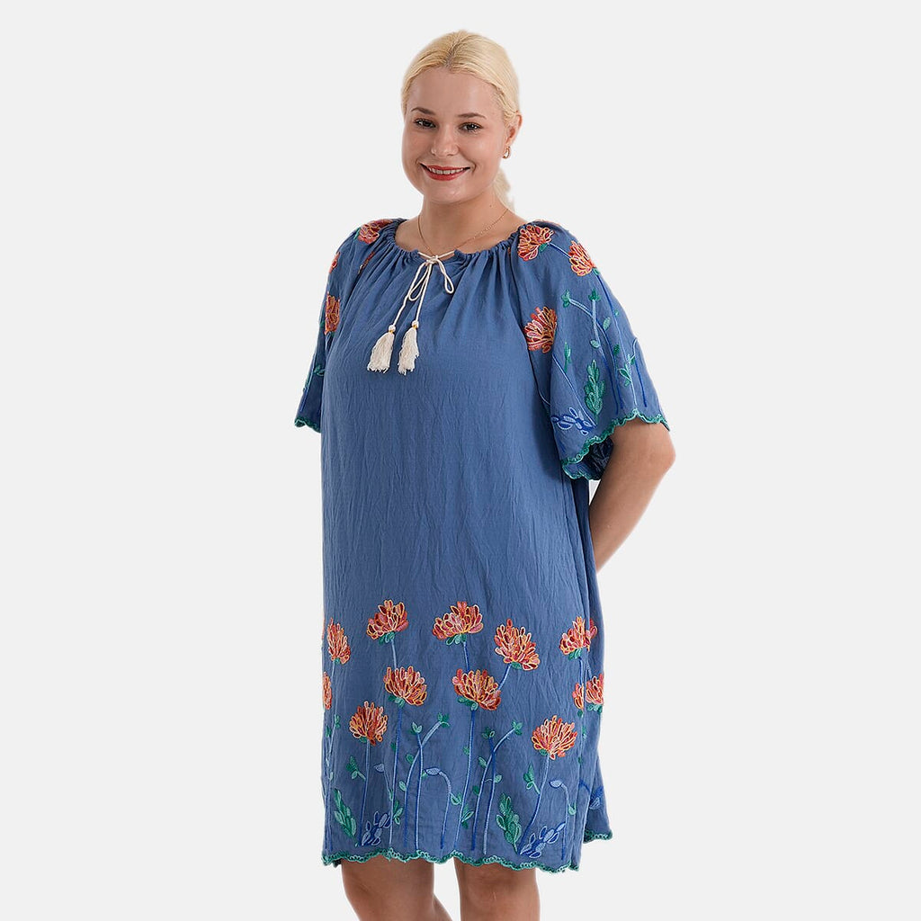 La Marey Embroidery Bohemian Tassel Dress (Size - L-XL, 16-22) - Blue