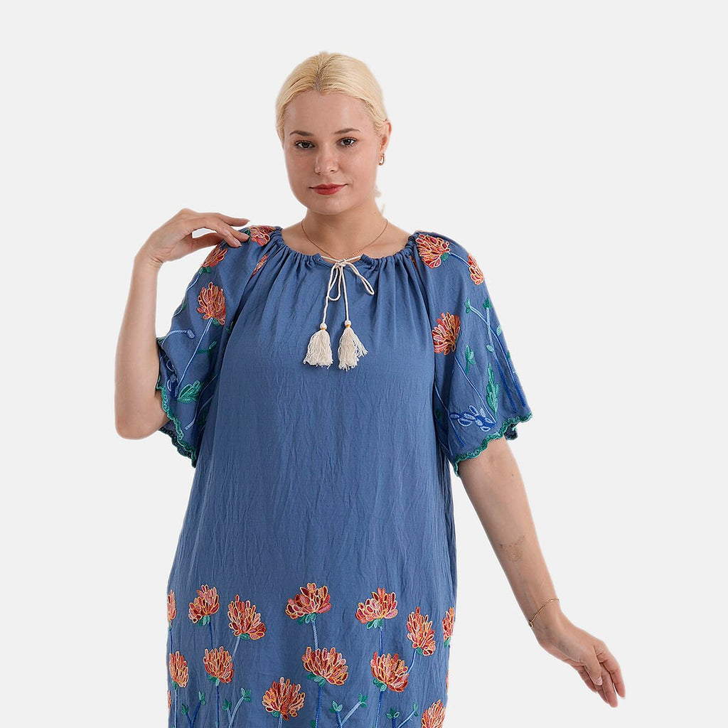 La Marey Embroidery Bohemian Tassel Dress (Size - L-XL, 16-22) - Blue