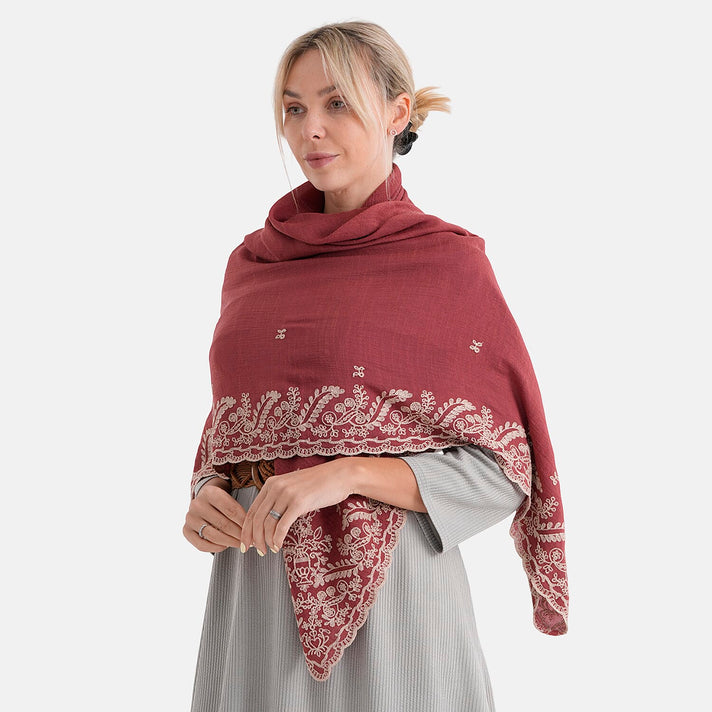 La Marey Embroidery Cotton Blend Scarf (130 x 130cm) - Burgundy 8411914 1