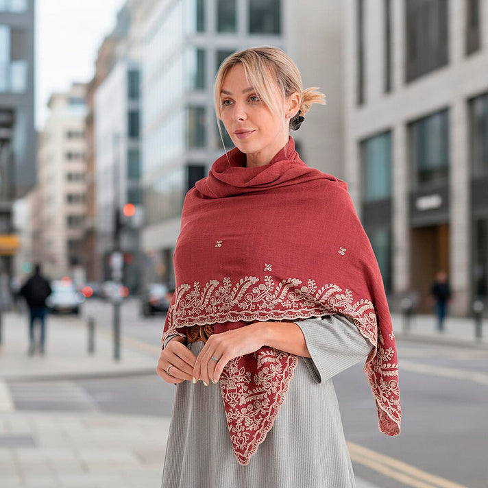 La Marey Embroidery Cotton Blend Scarf (130 x 130cm) - Burgundy 8411914 2
