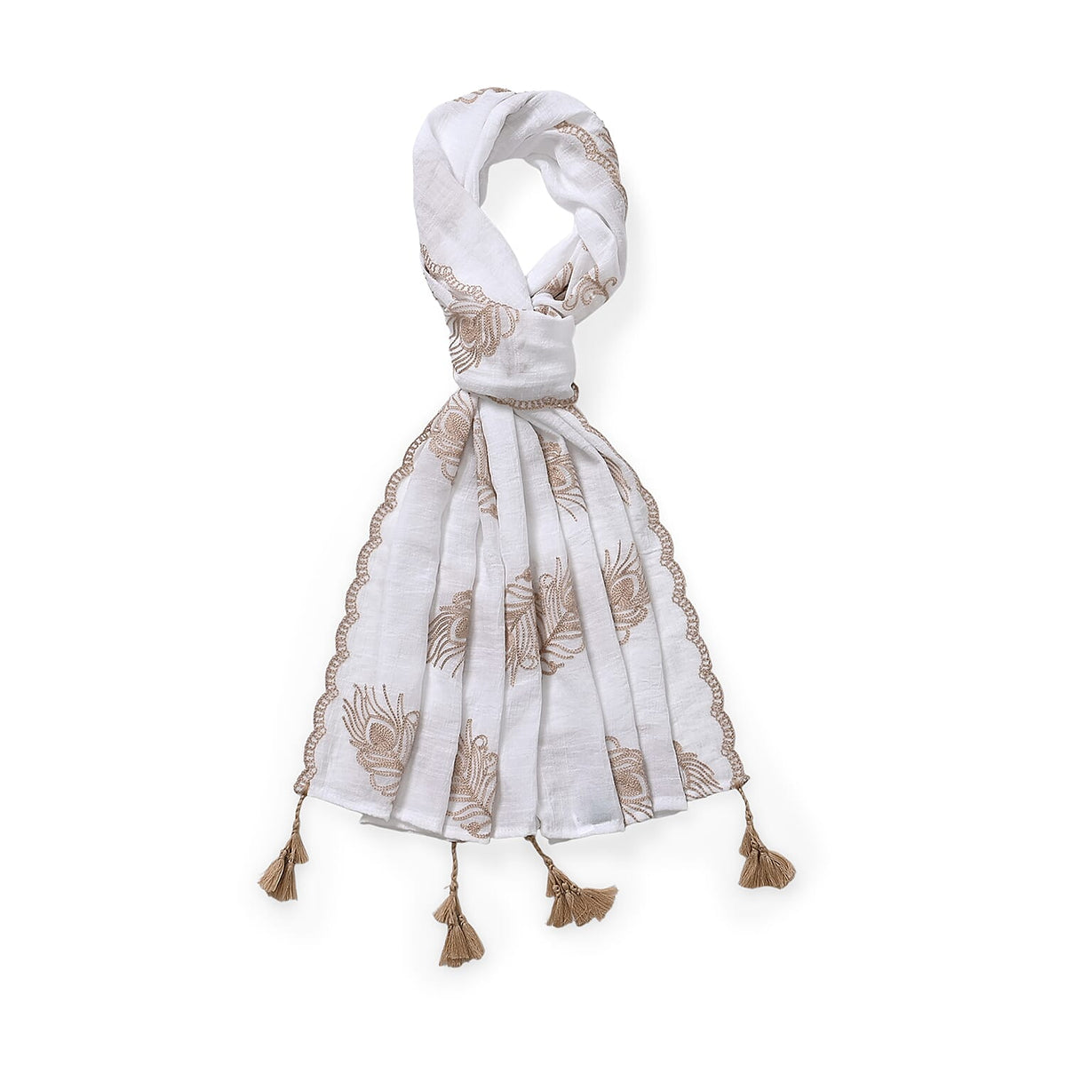La Marey Cotton Blend Feather Pattern Embroidered Sarong Scarf with Tassels (Size 180x67cm) - White 8110363 0