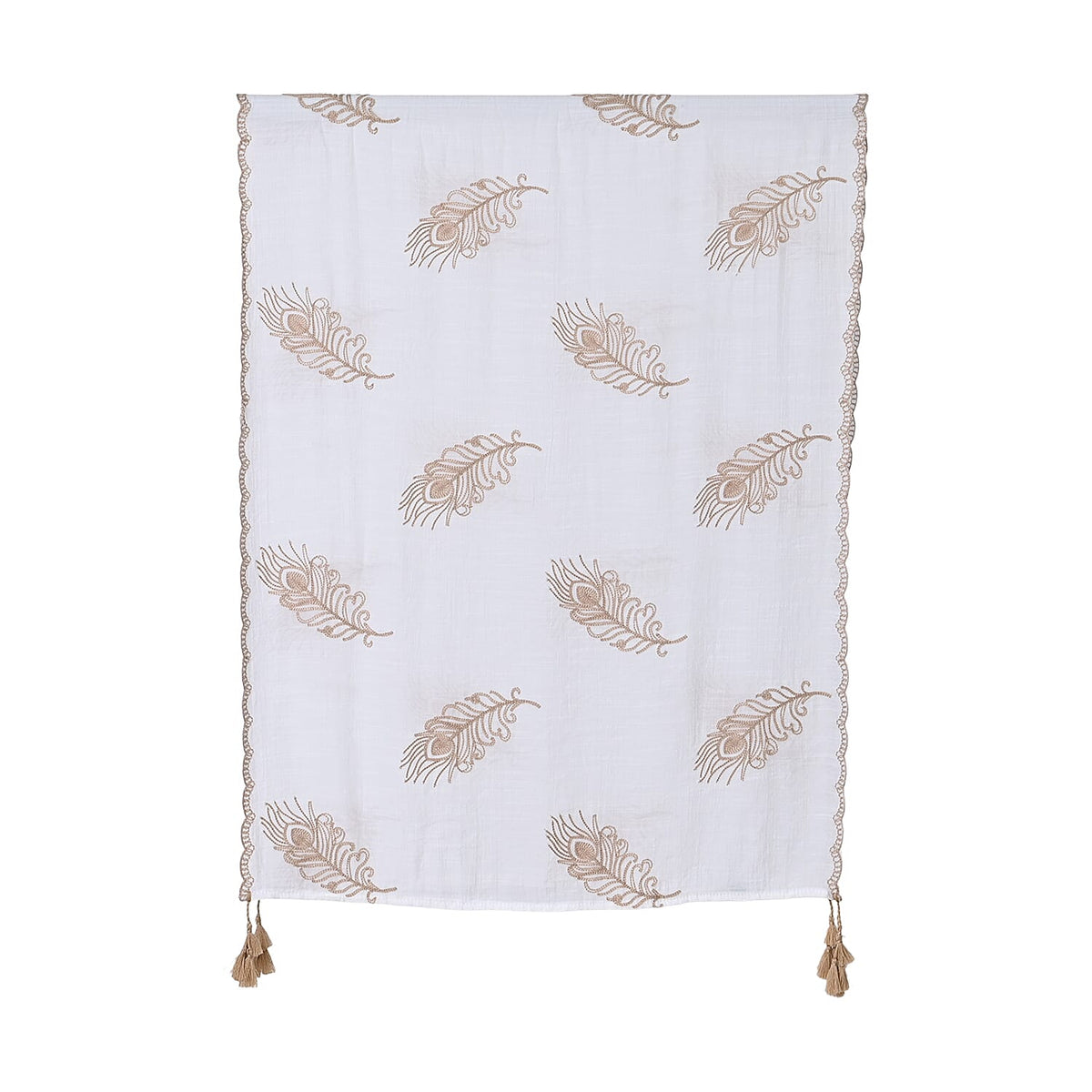 La Marey Cotton Blend Feather Pattern Embroidered Sarong Scarf with Tassels (Size 180x67cm) - White 8110363 2