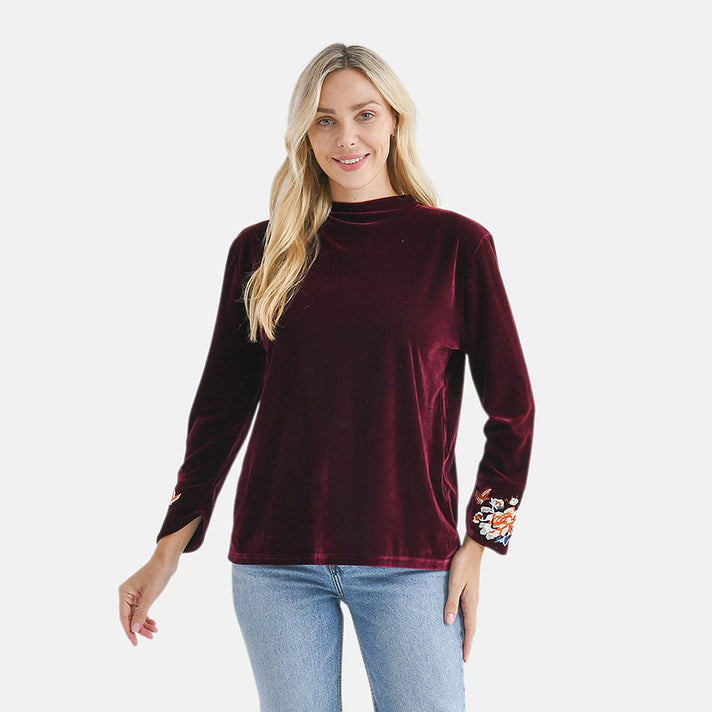 LA MAREY Velvet Embroidered Top (Size L) - Burgundy 8270209 1