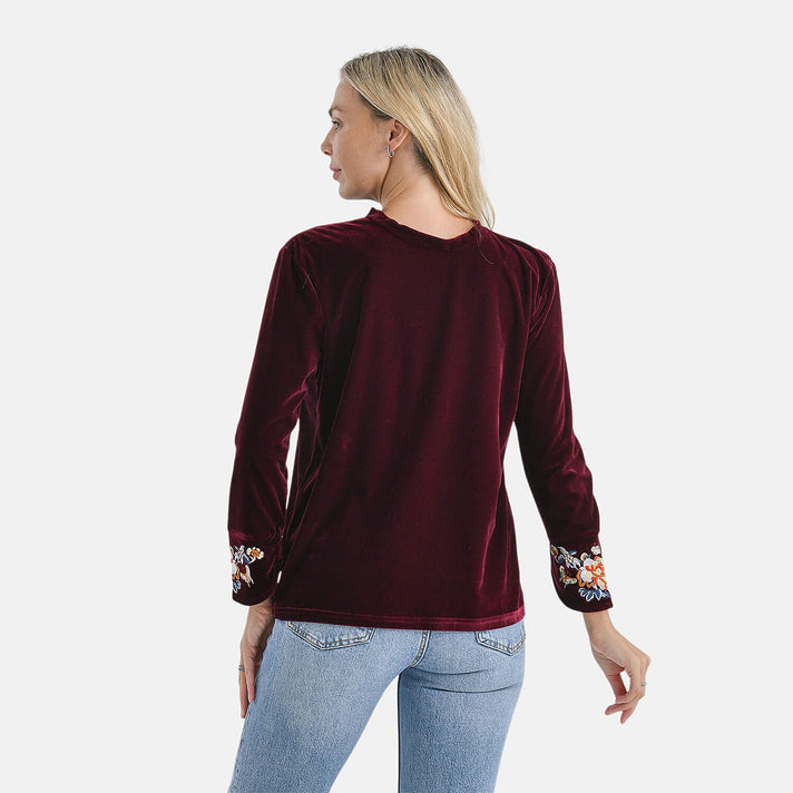 LA MAREY Velvet Embroidered Top (Size L) - Burgundy 8270209 2