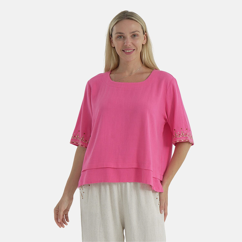 LA MAREY Womens Linen Blend Casual Embroidered Border Sleeve Top (Size L) - Pink