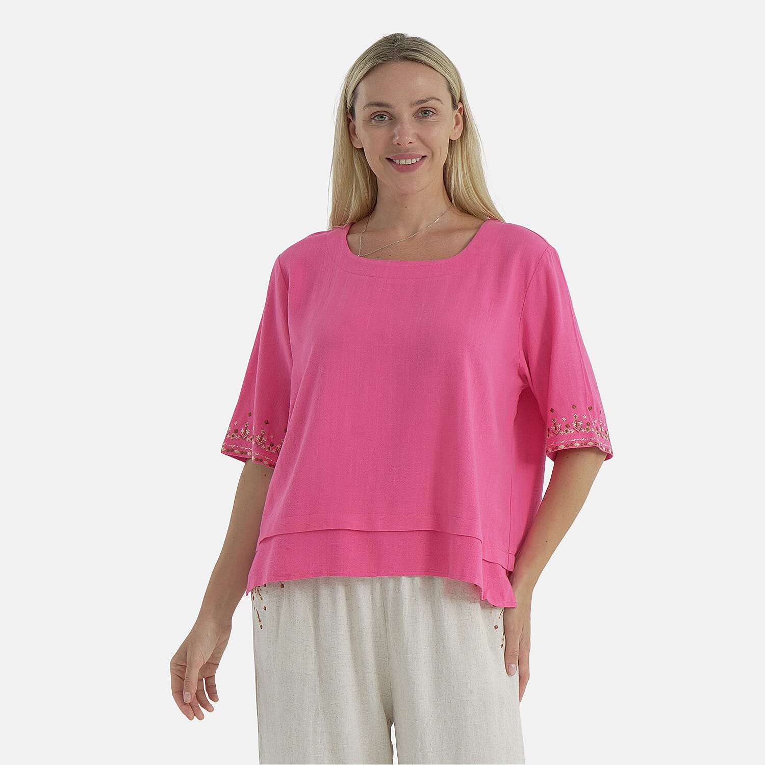 LA MAREY Women's Linen Blend Casual Embroidered Border Sleeve Top 8109557 0