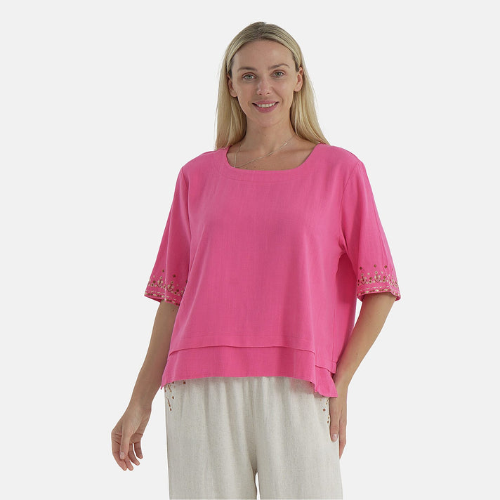 LA MAREY Women's Linen Blend Casual Embroidered Border Sleeve Top 8109557 1