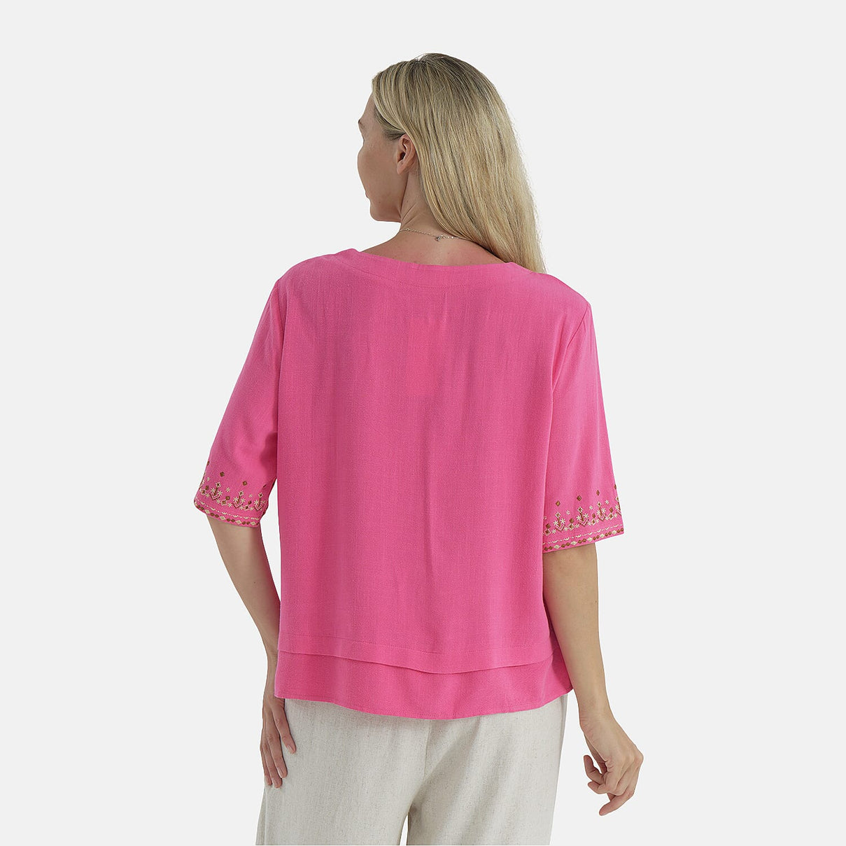 LA MAREY Women's Linen Blend Casual Embroidered Border Sleeve Top 8109557 2