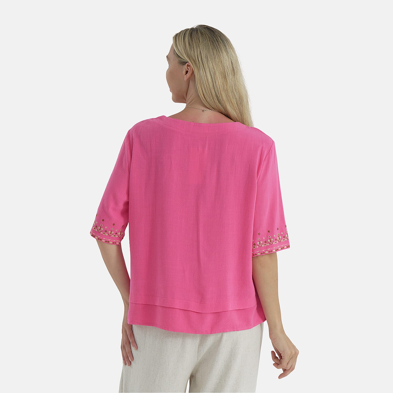 LA MAREY Women's Linen Blend Casual Embroidered Border Sleeve Top 8109557 2