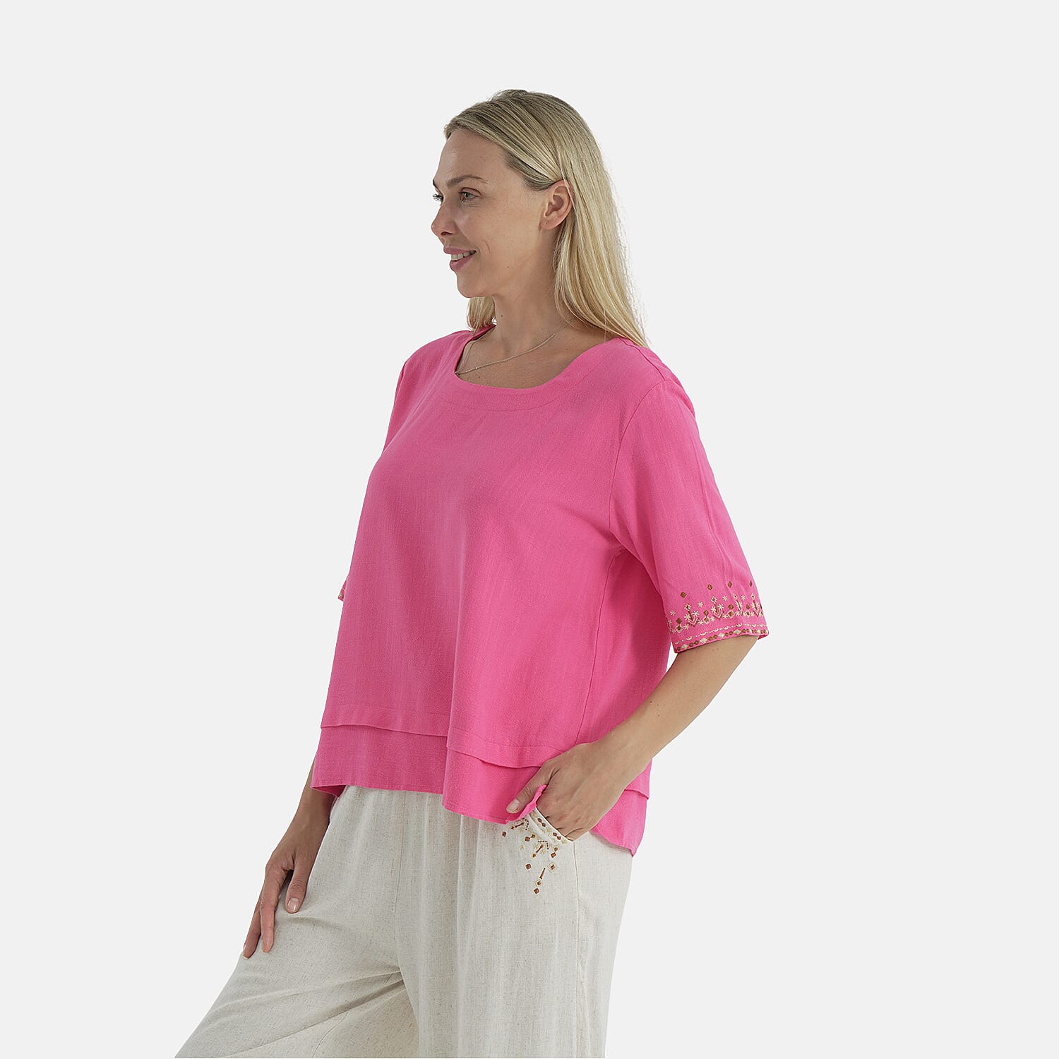 LA MAREY Women's Linen Blend Casual Embroidered Border Sleeve Top 8109557 3