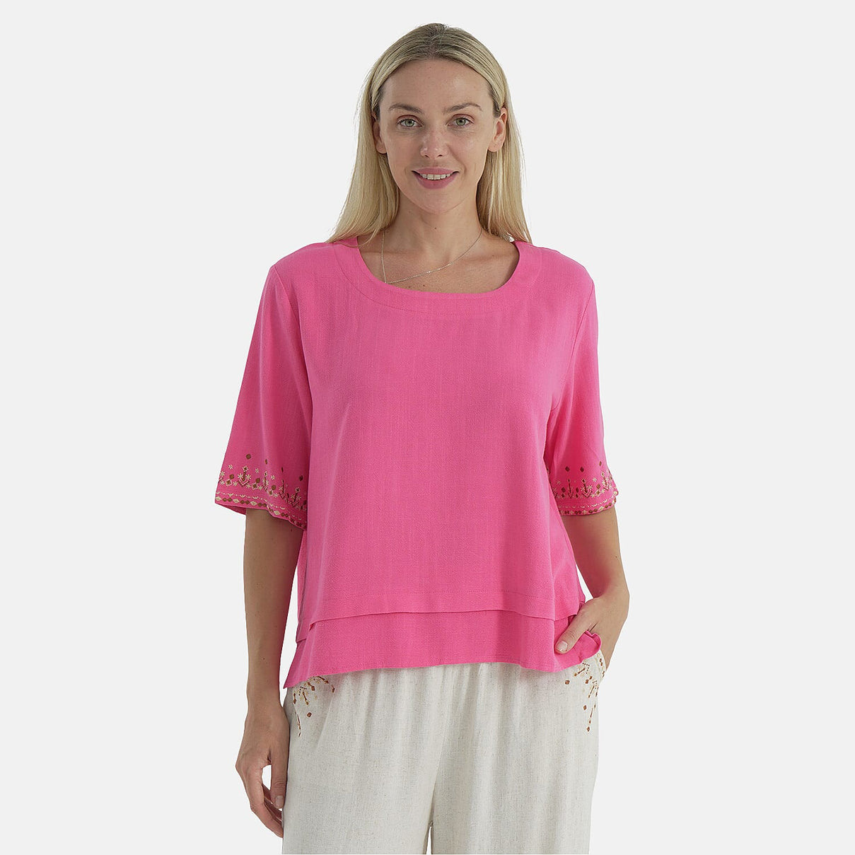 LA MAREY Women's Linen Blend Casual Embroidered Border Sleeve Top 8109557 4