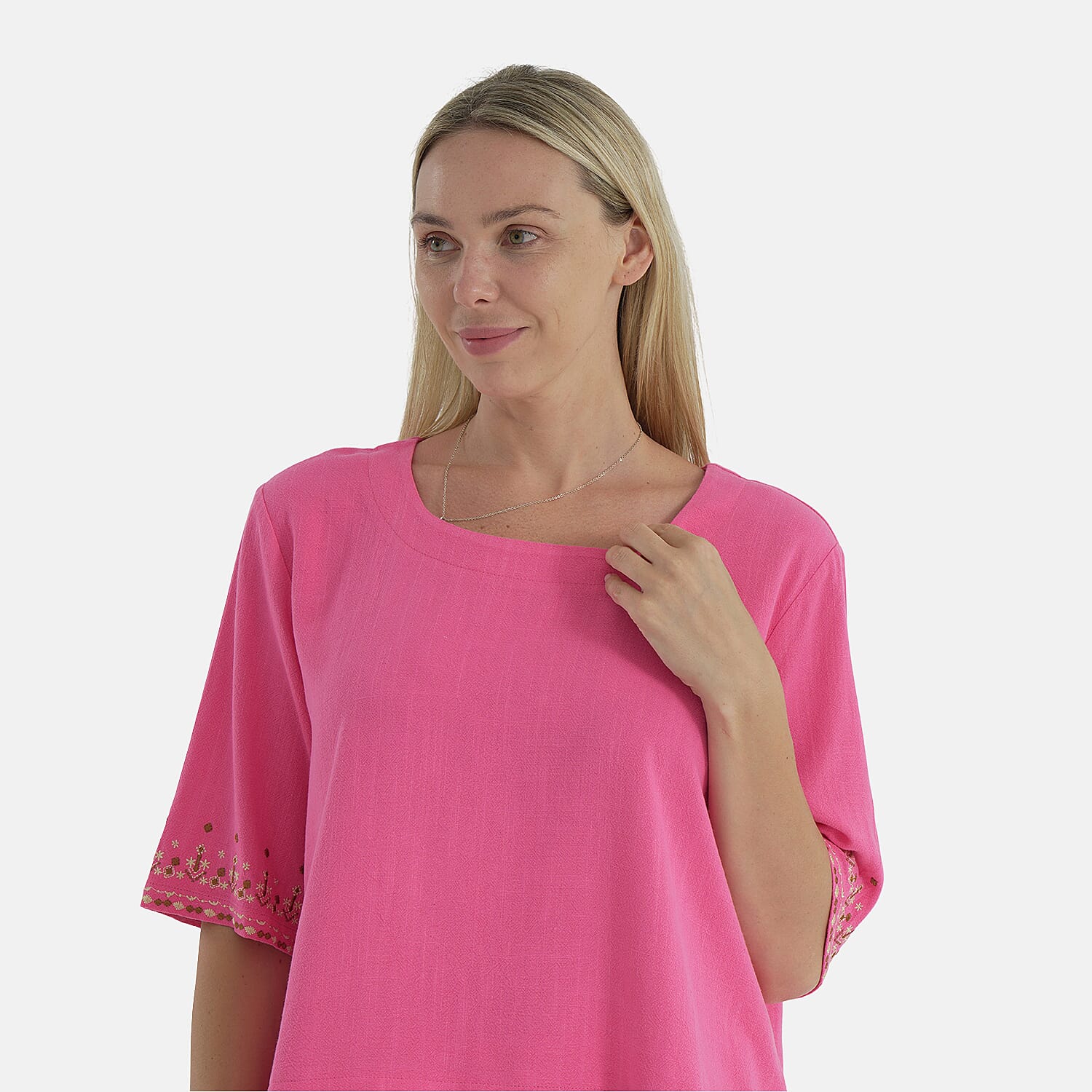 LA MAREY Women's Linen Blend Casual Embroidered Border Sleeve Top 8109557 5