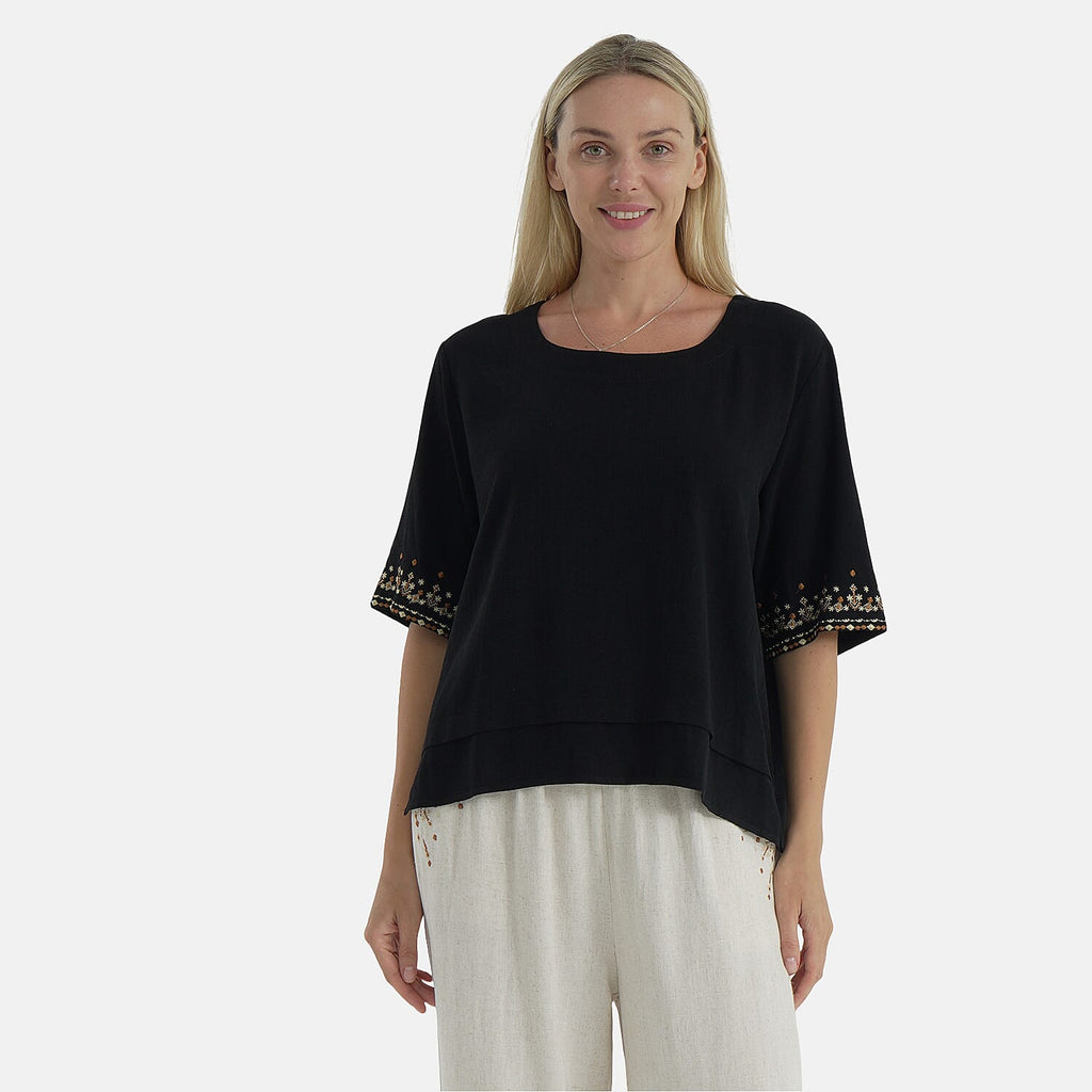 LA MAREY Womens Linen Blend Casual Embroidered Border Sleeve Top (Size M) - Black