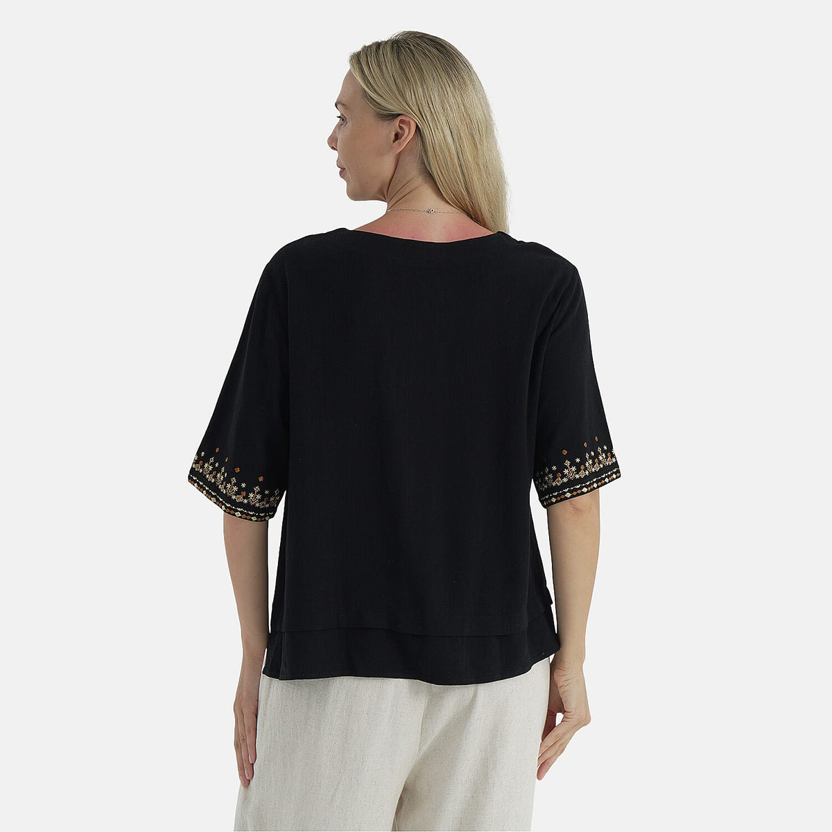 LA Marey Women's Linen Blend Casual Embroidered Border Sleeve Top V32561062 2