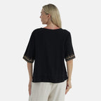 LA MAREY Womens Linen Blend Casual Embroidered Border Sleeve Top (Size M) - Black