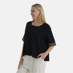 LA MAREY Womens Linen Blend Casual Embroidered Border Sleeve Top (Size M) - Black