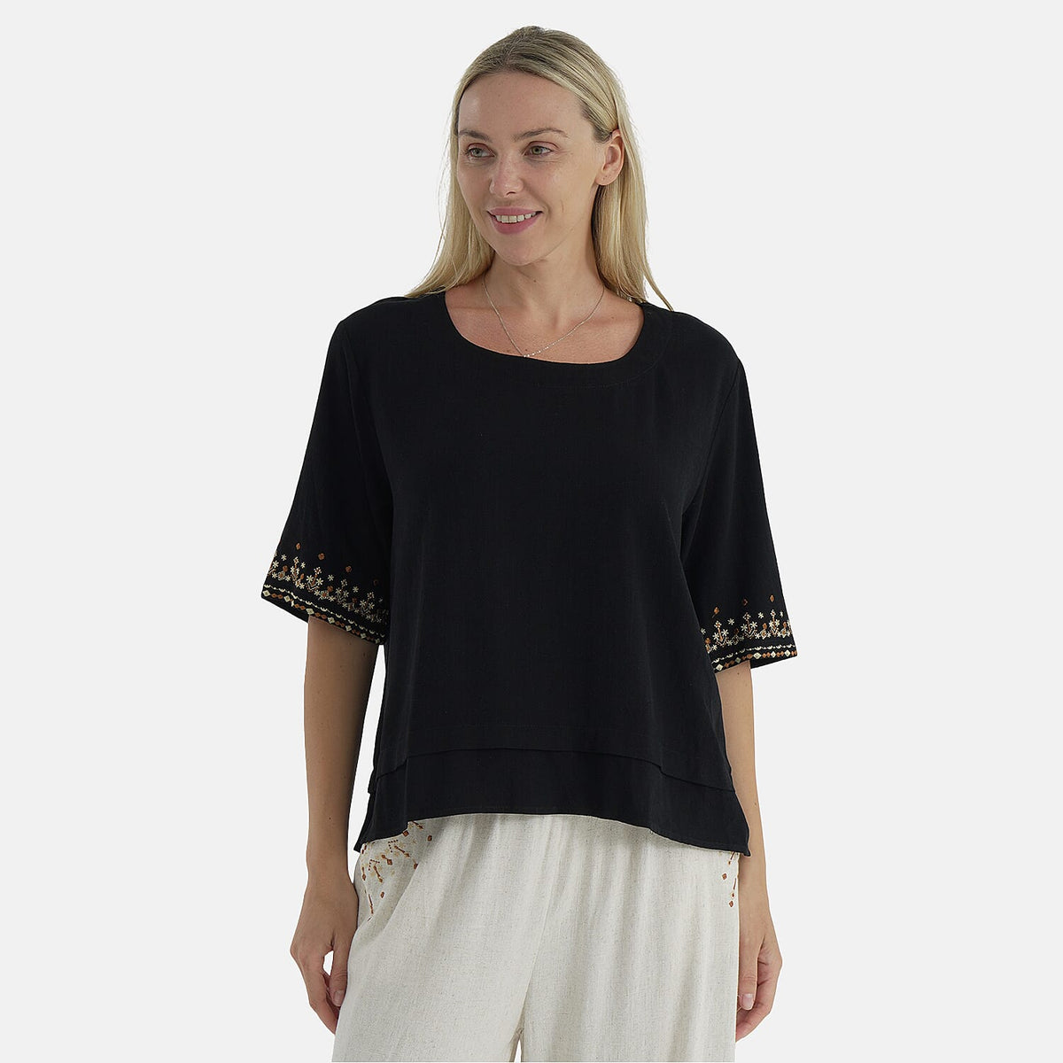 LA Marey Women's Linen Blend Casual Embroidered Border Sleeve Top V32561062 4