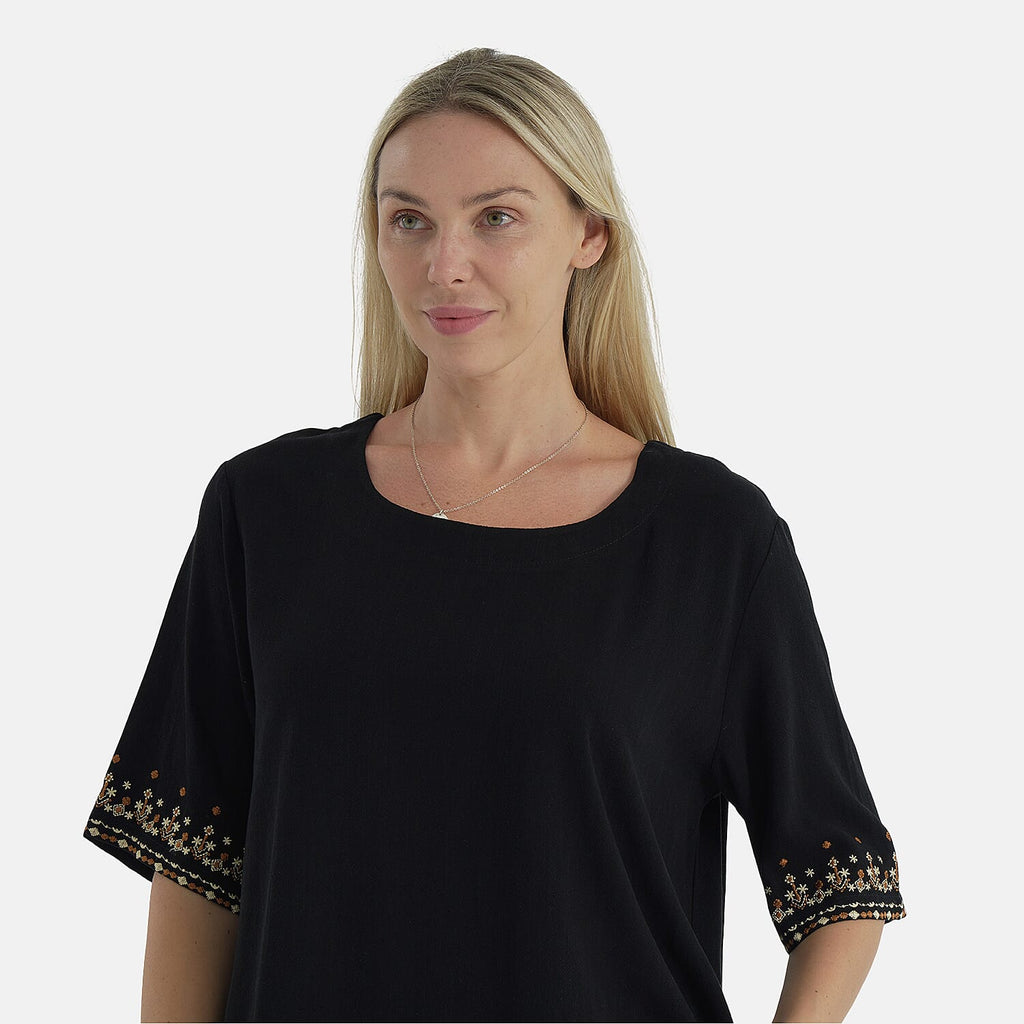 LA MAREY Womens Linen Blend Casual Embroidered Border Sleeve Top (Size M) - Black
