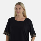 LA MAREY Womens Linen Blend Casual Embroidered Border Sleeve Top (Size M) - Black